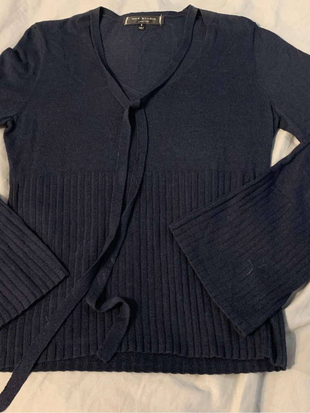 Max Studio Black Ribbed Tie-Neck Women’s Sweater